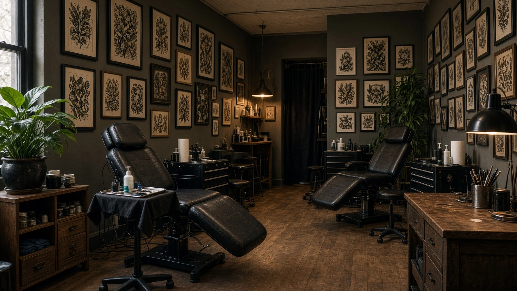 Tattoo studio interior with two chairs and framed flash art on the walls, representing how tattoo shops get found on Google
